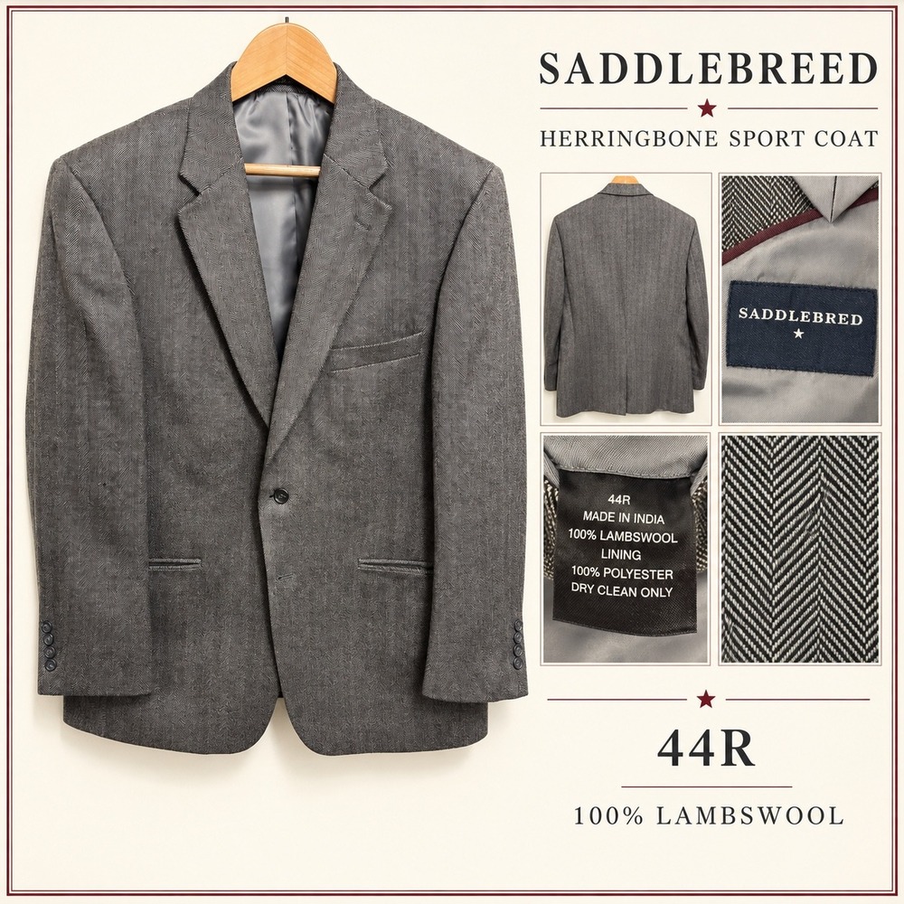 Saddlebred Mens 44R Gray Herringbone Lambswool Sport Coat Two Button Blazer